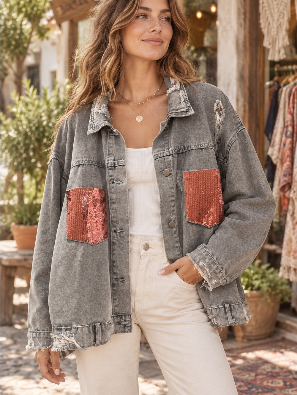 BiBi Washed Denim Jacket with Rose Sequin Pockets (090677) 🌼 ✨